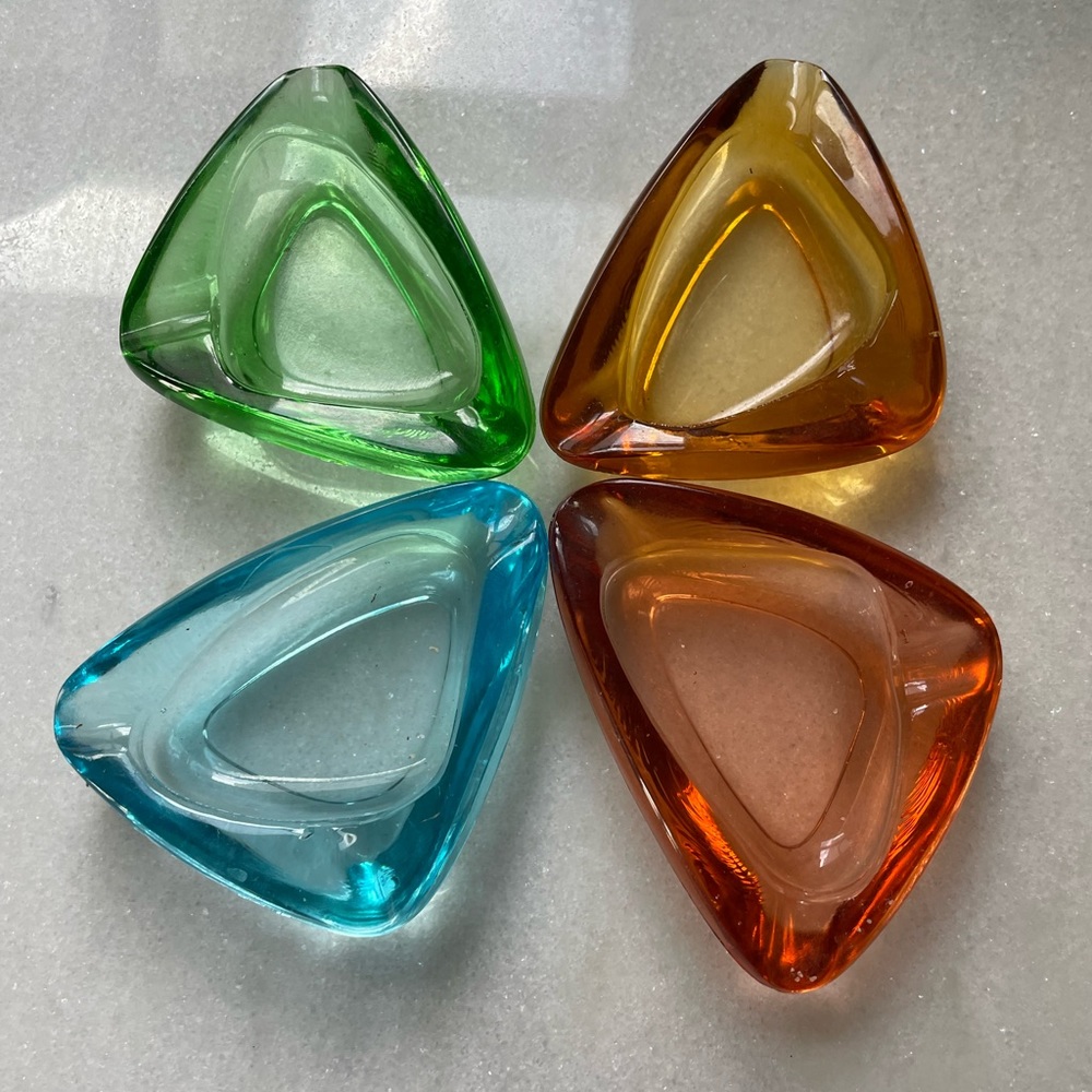 Mid-Century Colorful Glass Ashtrays, Four Different Color Four Similar Shape Set